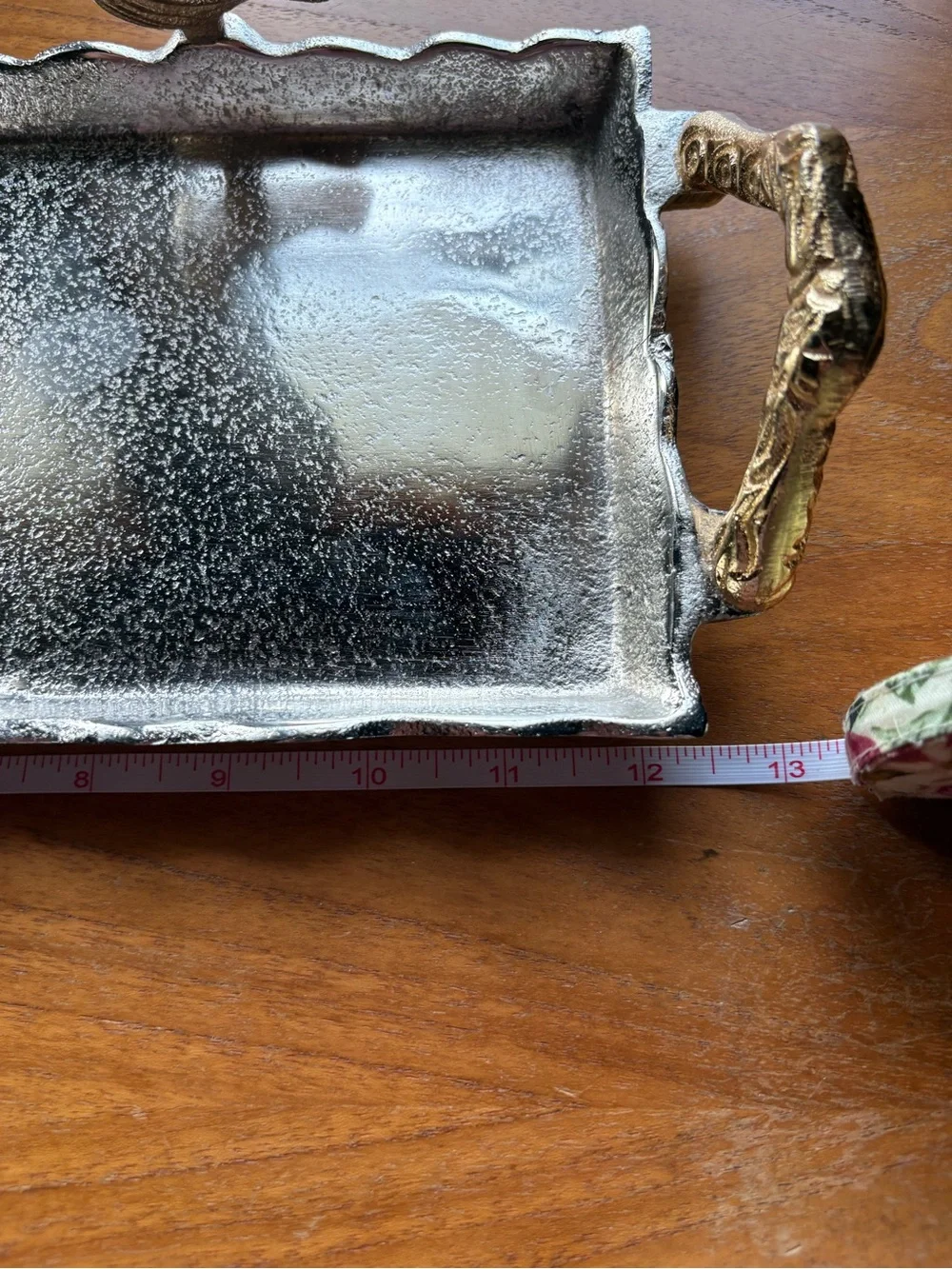 Silver and Gold Rectangular Vanity Tray with Ornate Handles Bird Detail EUC